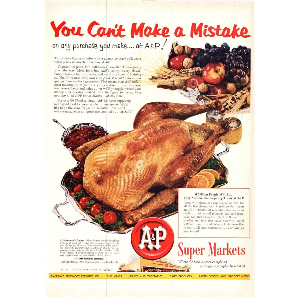 1951 A&P Super Markets Grocery Store Vintage Print Ad  Christmas Dinner Wall Art
